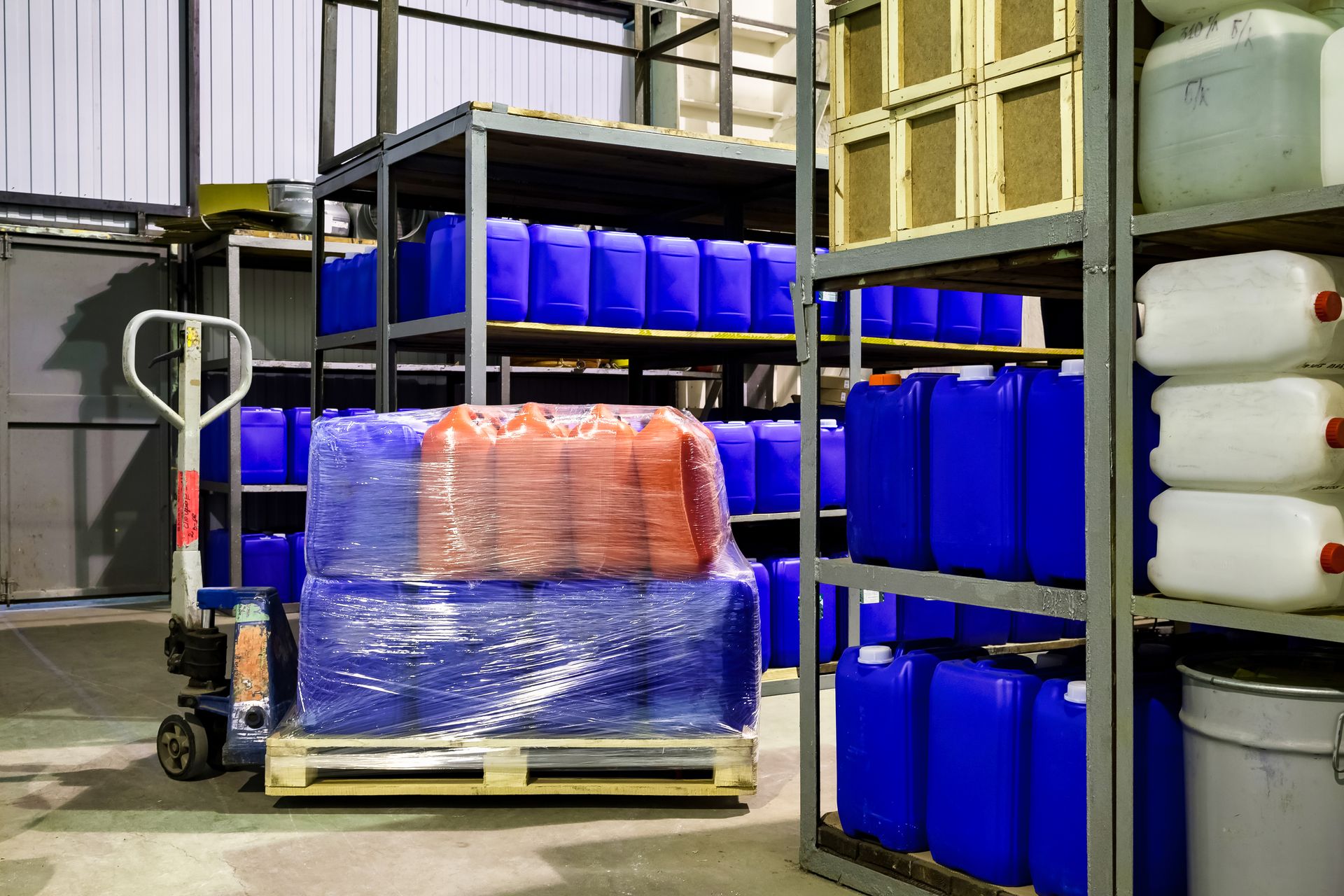 Interior of a chemical storage warehouse with stacked product